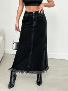 EURMUSE Ladies' Solid Color Frayed Casual Denim Skirt - Blue - View 1