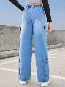 SHEIN 水洗藍高腰寬腿直筒貨物牛仔褲，復古寬鬆斜口袋肥皂袋牛仔褲，街頭休閒時尚風格，兒童牛仔褲和服裝 - 中等水洗藍 - 查看 2