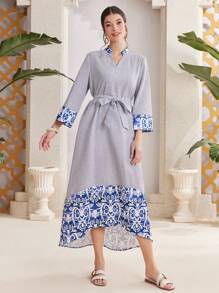 Seusyu Women's Floral Printed Vertical Striped Abaya Dress - Blue - View 4