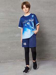 SHEIN 男生休閒印花t卹二合一褲運動套裝 - 藍色 - 查看 4