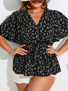 SHEIN Frenchy Women'S Plus Size Vacation Printed Belted Shirt With Floral Pattern - Black and White - View 2