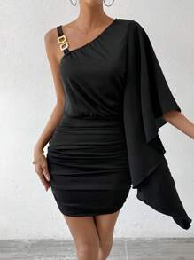 Chiquease Women'S One Shoulder Dress With Chain Decoration - Black - View 3