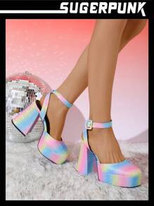 Sugerpunk 女士彩虹閃粉方頭踝帶粗跟高跟厚底鞋 - 彩色 - 查看 1