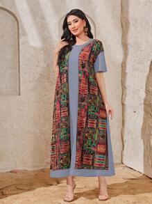 Al Najma 拼布印花寬鬆圓領休閒洋裝 - 灰色 - 查看 4