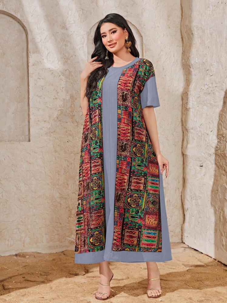 Al Najma Vestido Casual Holgado Con Estampado De Patchwork Y Cuello Redondo - Gris - Ver 4