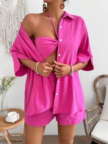Breezaya Set Di Cardigan Donna A Bottone In Tinta Unita - Fucsia - Visualizzare 4
