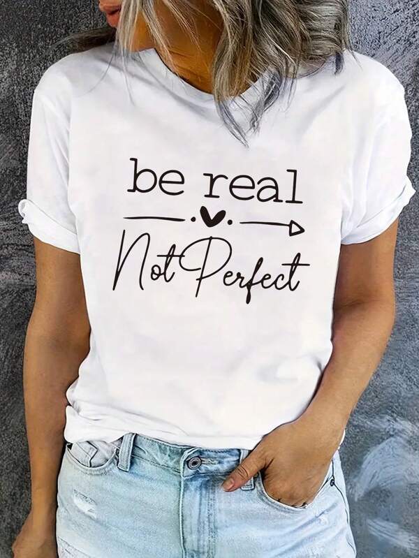 INAWLY Kurzärmliges T-Shirt mit Rundhalsausschnitt und Buchstaben Muster "Be Real Love Not Perfect" mit grafischen T-Shirts für Damen