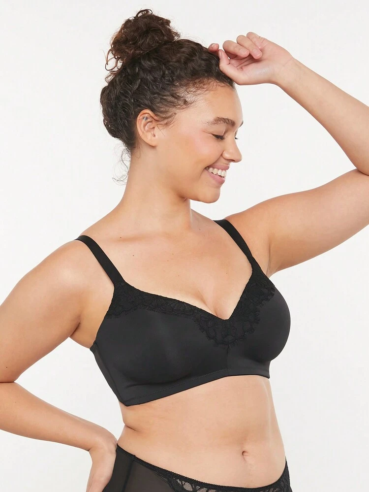 Reggiseno push-up in pizzo senza fili con scollo a V, lingerie sexy nera