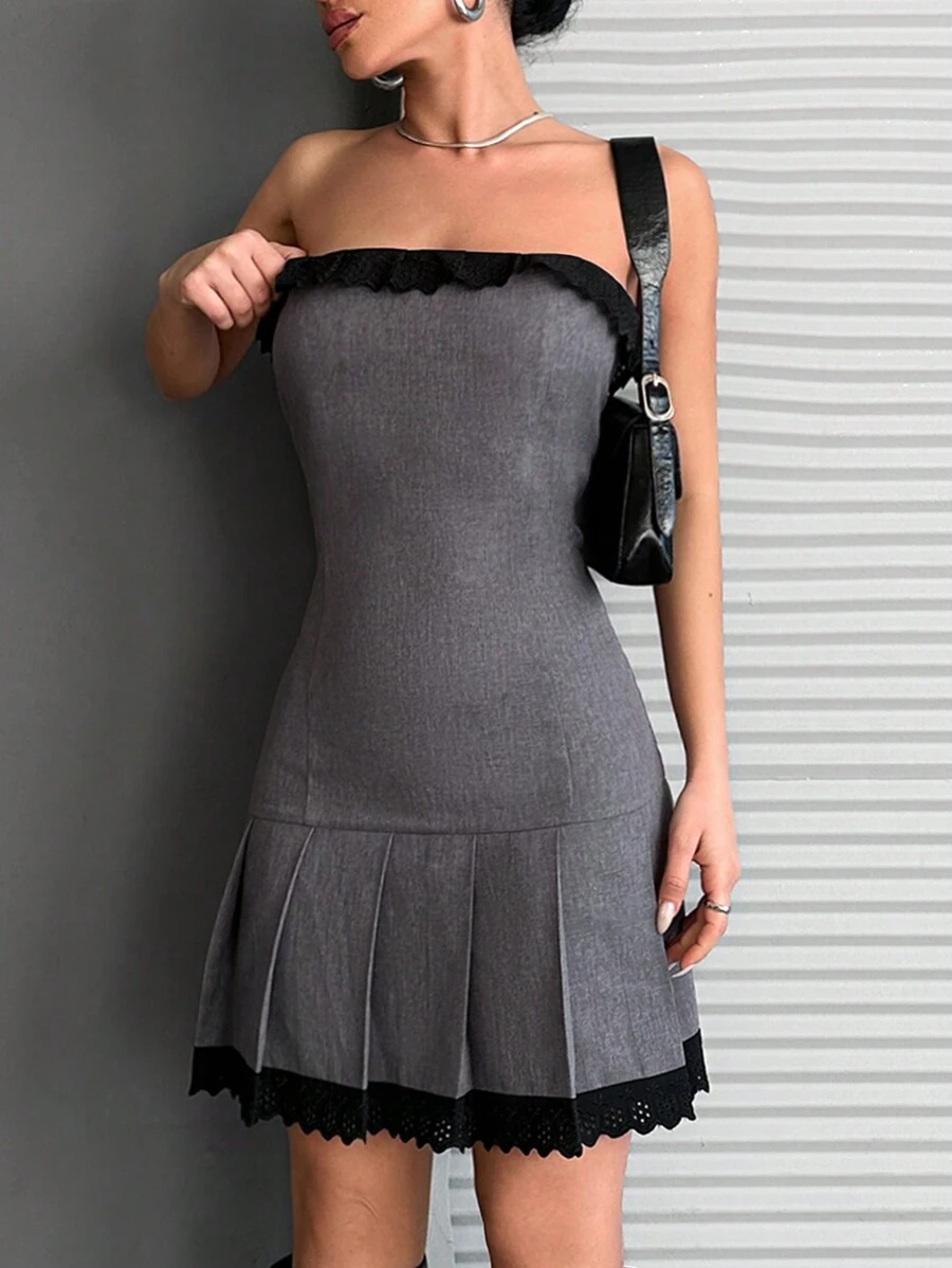 EURMUSE Women's Contrast Color Ruffle Hem Pleated Hem Fashionable Bandeau Mini Dress - Grey - View 1