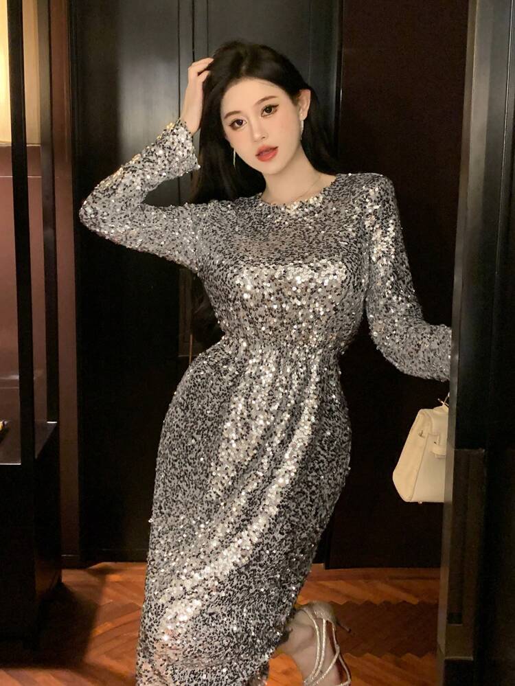 Vestido de mujer con cuello redondo, manga larga y lentejuelas para fiesta y baile