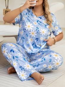 Plus Size Women Blue Allover Floral Print Round Neck Top & Pants Pajama Set, Outfits - Multicolor - View 3