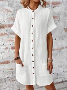 SHEIN LUNE 純色釦前女襯衫連身裙 - 白色 - 查看 1