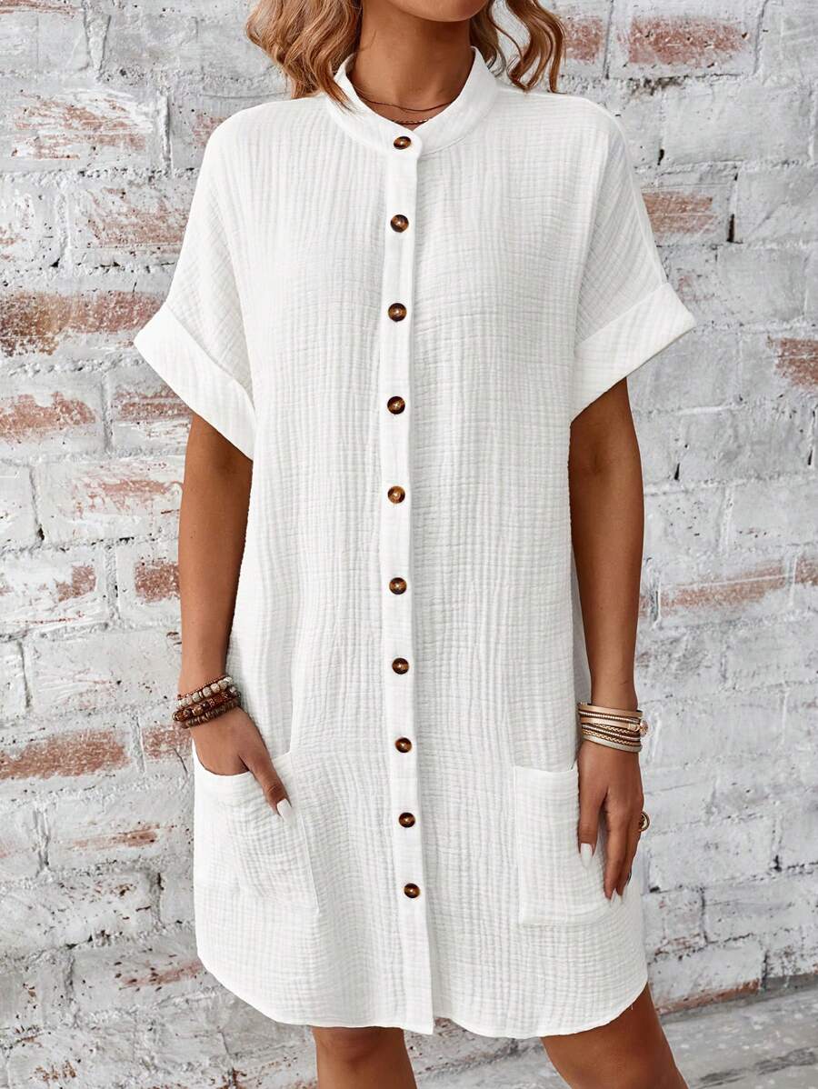 SHEIN LUNE 純色釦前女襯衫連身裙 - 白色 - 查看 1