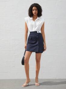 BizChic Của phụ nữ Sọc dọc Nút xuống Váy - Màu xanh hải quân - Xem 1