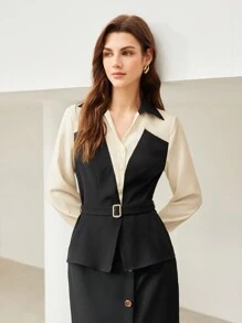 MOTF PREMIUM 編織女士2合1腰帶襯衫 - 黑與白 - 查看 2