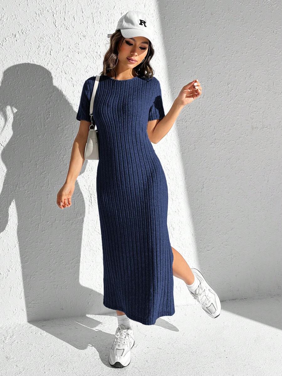 SHEIN EZwear فستان نسائي ذو لون خالص ومتماسك بفتحة جانبية - أزرق بحري - مشاهدة 1