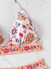 SHEIN Swim Conjunto de bikini con cuello de halter y estampado floral para mujer, nuevo para el verano y el año nuevo