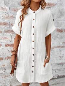 SHEIN LUNE 純色釦前女襯衫連身裙 - 白色 - 查看 4