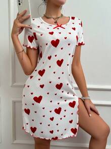 SweetSlumber Heart Print Short Sleeve Pajama Night Dress - White - View 4