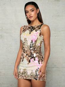 SHEIN BAE 女式閃亮圓領修身連身裙 - 香檳色 - 查看 1