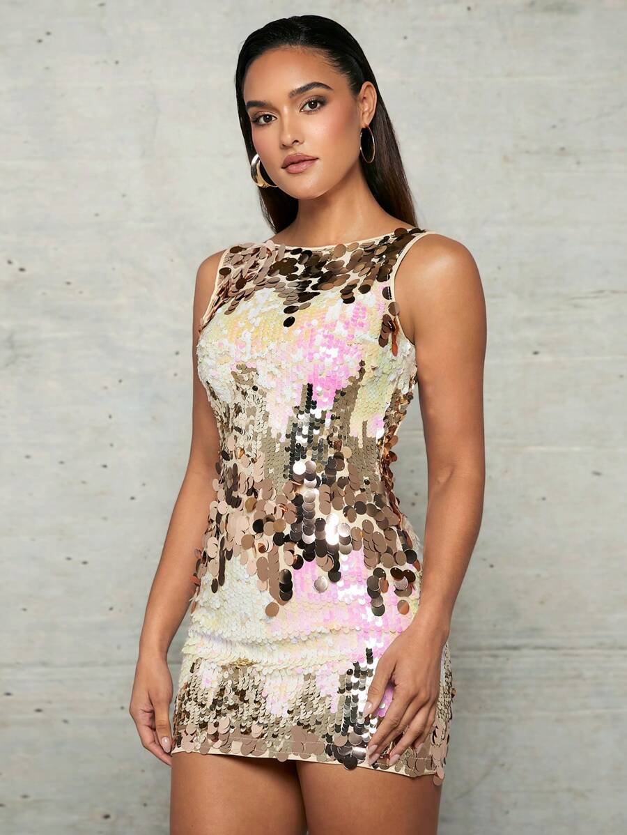 SHEIN BAE 女式閃亮圓領修身連身裙 - 香檳色 - 查看 1