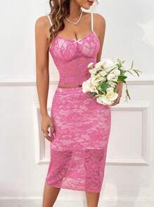 SHEIN Unity 女士花邊背心上衣和裙子套裝 - 粉色 - 查看 4