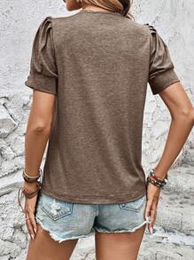 EMERY ROSE Women's Solid Color Round Neck Short Sleeve Casual T-Shirt - Camel - View 2