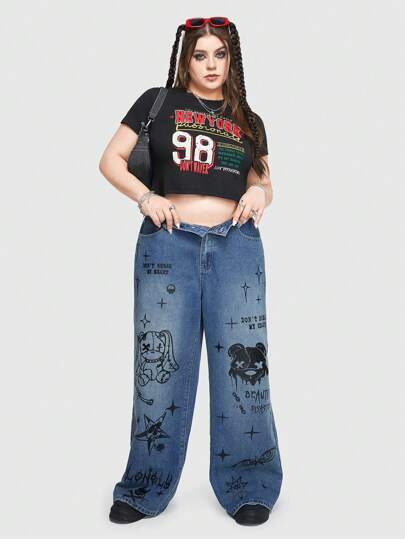 Street Life Plus Size Sporty Slogan Print Tight Crop Top