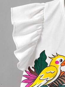 SHEIN 年轻女孩针织纯色鹦鹉印花圆领盖袖 T 恤 - 白色 - 查看 4