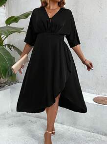 SHEIN Unity 大尺碼女性打褶不對稱搭襯裙 - 黑色 - 查看 5