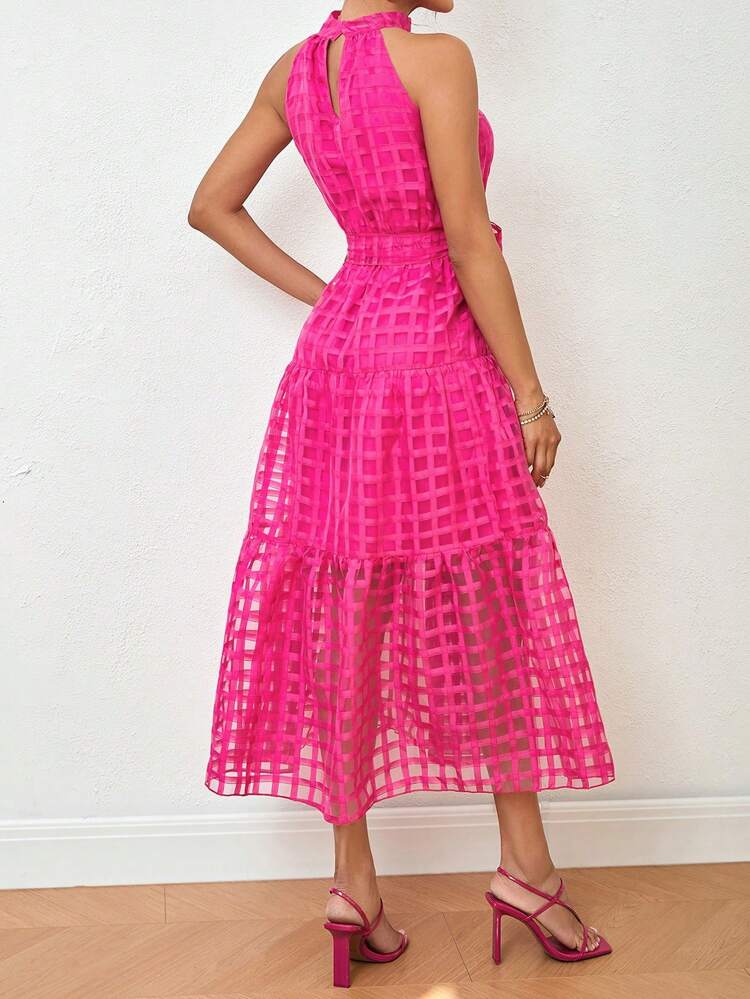 Plaid Mesh Halter Bridesmaid Dress