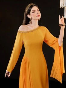 Modelyn Đầm dạ hội dài xếp ly lệch vai cho nữ - Màu vàng - Xem 6