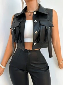 SHEIN Unity 女士 Pu 皮革無袖夾克 - 黑色 - 查看 5