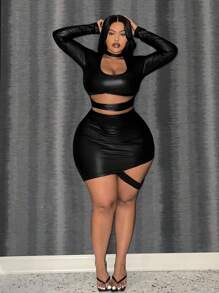 Slaydiva 大码优雅性感纯色修身不对称镂空 PU 涂层面料女式长袖迷你连衣裙，适合音乐会、派对、女士服装、俱乐部、黑色连衣裙、约会之夜 - 黑色 - 查看 3