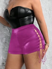 SHEIN SXY 大尺寸女士綁帶前開襟寬褲短褲 - 玫紅色 - 查看 3