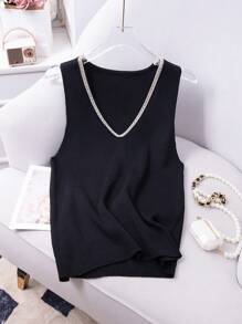 SHEIN LUNE Plus Size Women's V-Neck Knitted Top