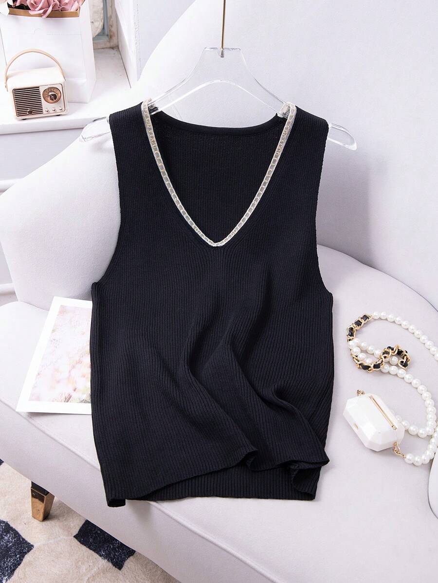 SHEIN LUNE Plus Size Women's V-Neck Knitted Top