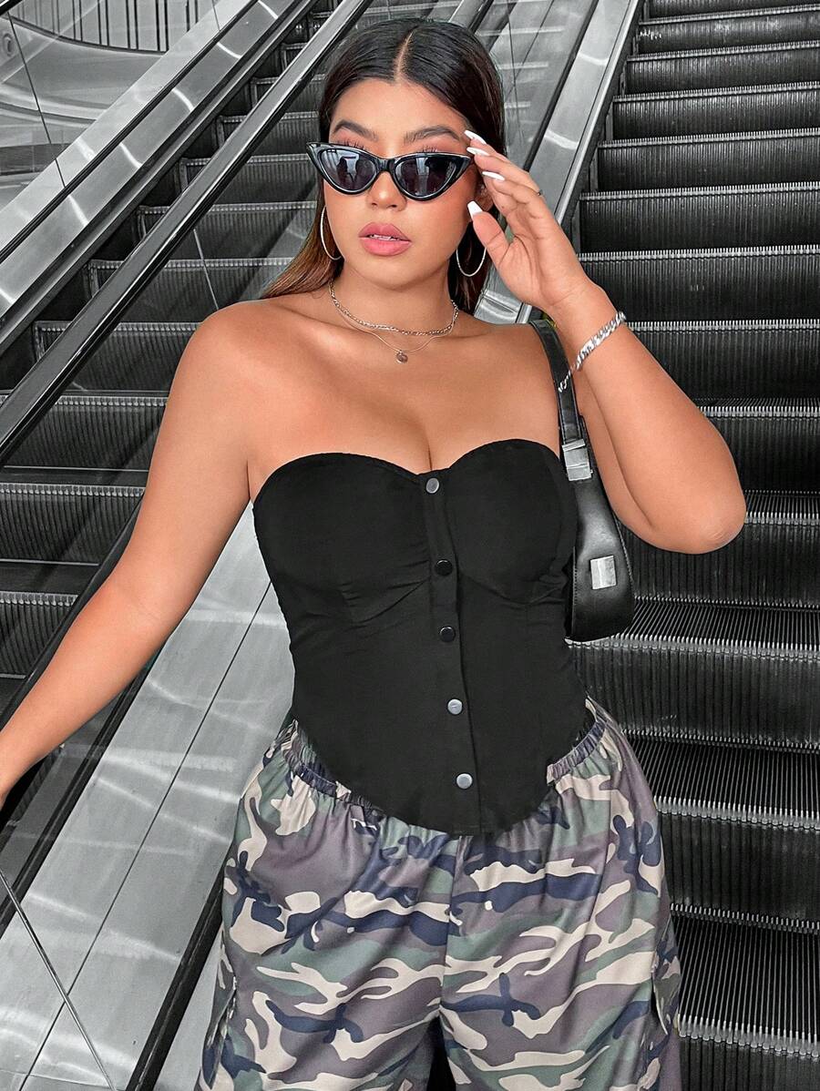 Flirla Của phụ nữ Kích thước lớn Chi tiết Nút Áo Bandeau - màu đen - Xem 1