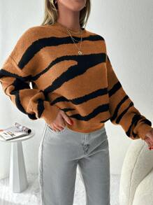 EURMUSE 女士圓領圖案細肩長袖毛衣 - 棕色 - 查看 4