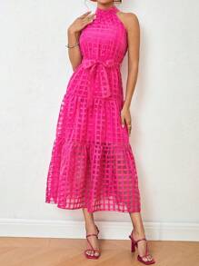 SHEIN Privé Plaid Mesh Halter Bridesmaid Dress - Hot Pink - View 4