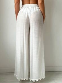 Swim Vcay Summer Beach Women's Beachwear Pom-Pom Trim Tie Front Waist Splice Cover Up Pants