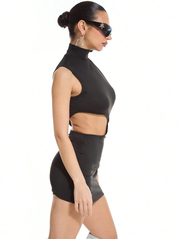 Women Sexy Cut Out Waist High Neck Mini Dress Ibiza Festival Outfit Spring Summer Vacation 90's