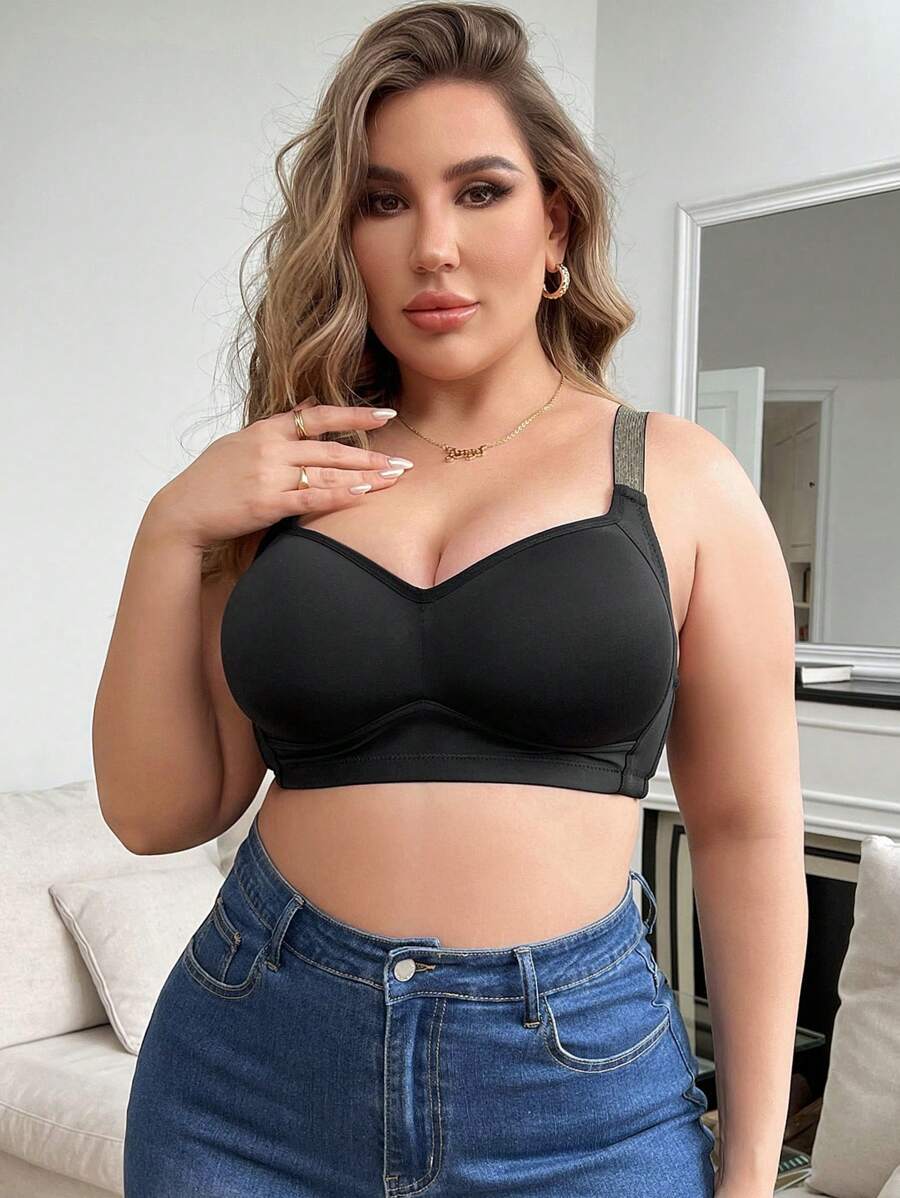 Plus Size Women's Wide Strap Wireless Bra - Black - View 1