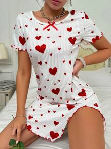 SweetSlumber Heart Print Short Sleeve Pajama Night Dress - White - View 3