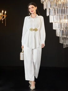 Modelyn Women'S Embroidered Pleated Shirt - White - View 7