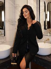 SHEIN SXY 襯衫領蕾絲拼接單鈕西裝外套 - 黑色 - 查看 1
