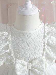 SHEIN 女嬰優雅網紗裙，配有蝴蝶結和繡花，褶邊設計 - 白色 - 查看 5