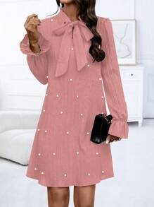 SHEIN LUNE Pearl Decor Tie Neckline Sheath Dress - Pink - View 1