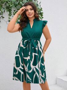 Reflora 大码女式印花拼布荷叶边袖宽松连衣裙 - 綠色 - 查看 4