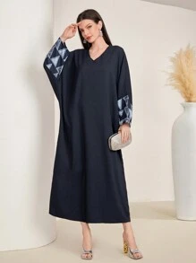 Al Najma Women's Geometric Printed V-Neck Kaftan With Patchwork Design - Navy Blue - View 1